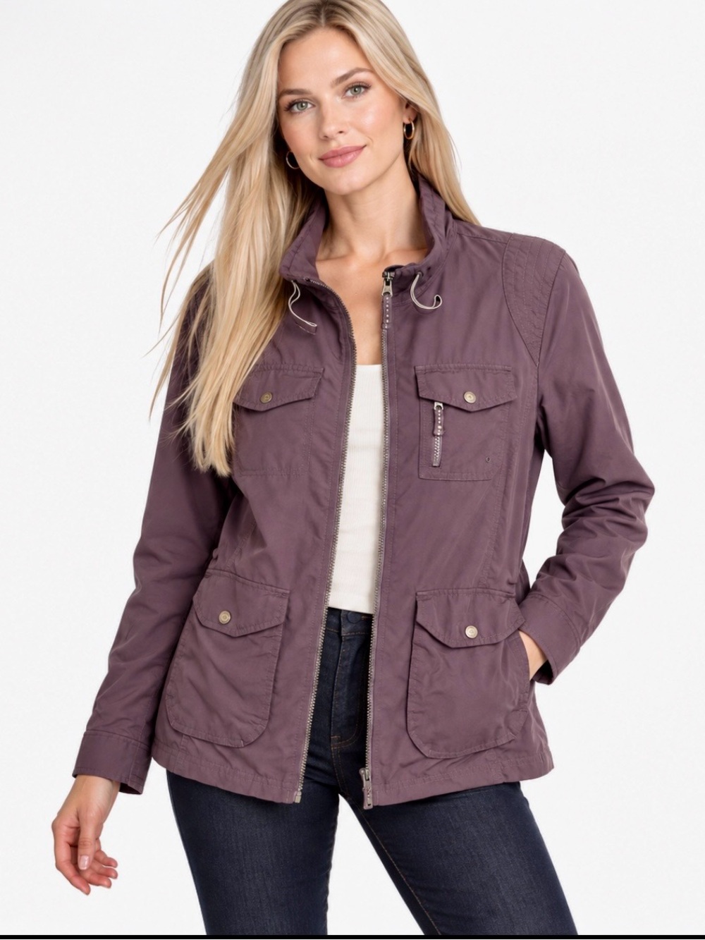 Eddie Bauer Grey Peplum Utility Jacket Full Zip Cargo Pockets Size L